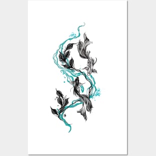 Yin and Yang Japanese Koi Fish with vibrant blue Posters and Art